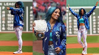 Sasha Banks throwing the first pitch at Fenway Park for White Sox vs Red Sox game