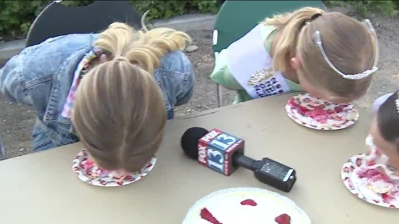 April gives her all in the Strawberry Days Pie Eating contest
