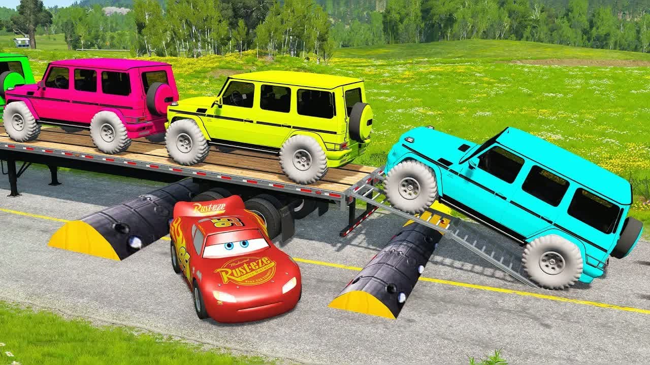 Flatbed Trailer McQueen Transportation with Truck - Speedbumps vs Cars vs Train - BeamNG.Drive #56