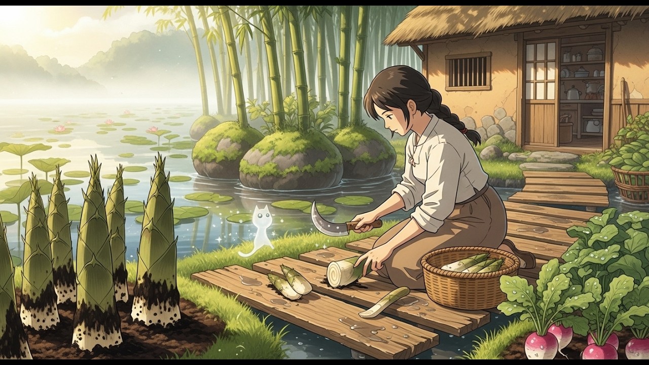 Peaceful Life on a Floating Garden: Bamboo Harvest & Rustic Cooking | Ghibli-Style ASMR