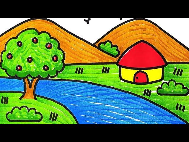 hand-drawn line art landscape mountain view, with sun and clouds, under the  river, wild beach sunset and sunrise outline waves Nature view, lake line  drawing island hills, Kids drawing coloring page 26785045