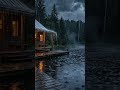 Heavy Rain on Cozy Cabin Roof by the Lake