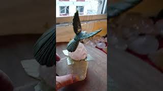 gem hummingbird green and rose quartz 7" tall #nature #birds