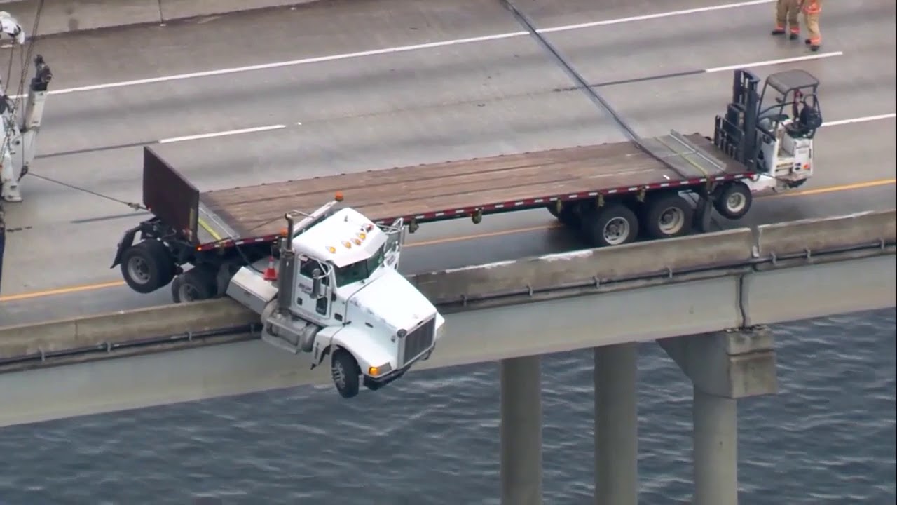 Aerial video Truck hangs off I75 bridge in Manatee County YouTube