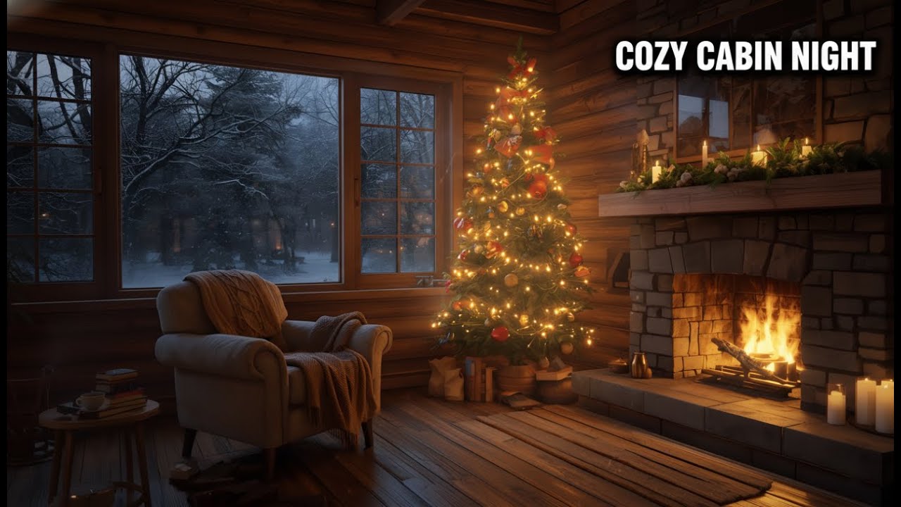 Cozy Christmas Cabin Ambience 🎄 Crackling Fire & Snowstorm Sounds - YouTube