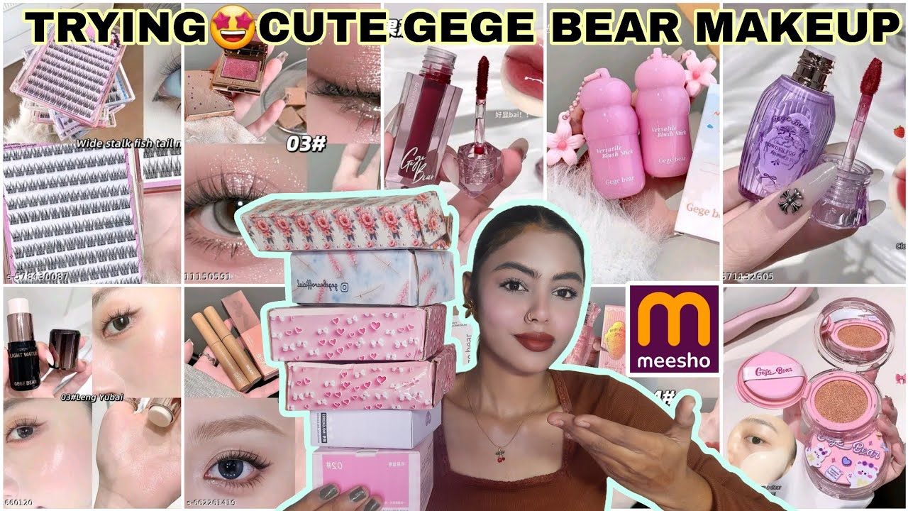 TRYING🤩 GEGE BEAR MAKEUP PRODUCTS FROM MEESHO| CUTE MAKEUP FINDS ❤️