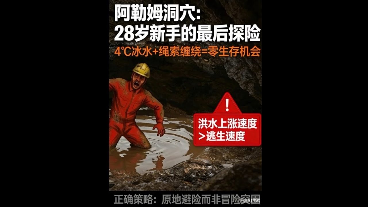 两名洞穴探险者结伴进入洞穴。在一条有水的通道里，水突然变急，水位开始猛涨。他们互相拉拽着往外冲，