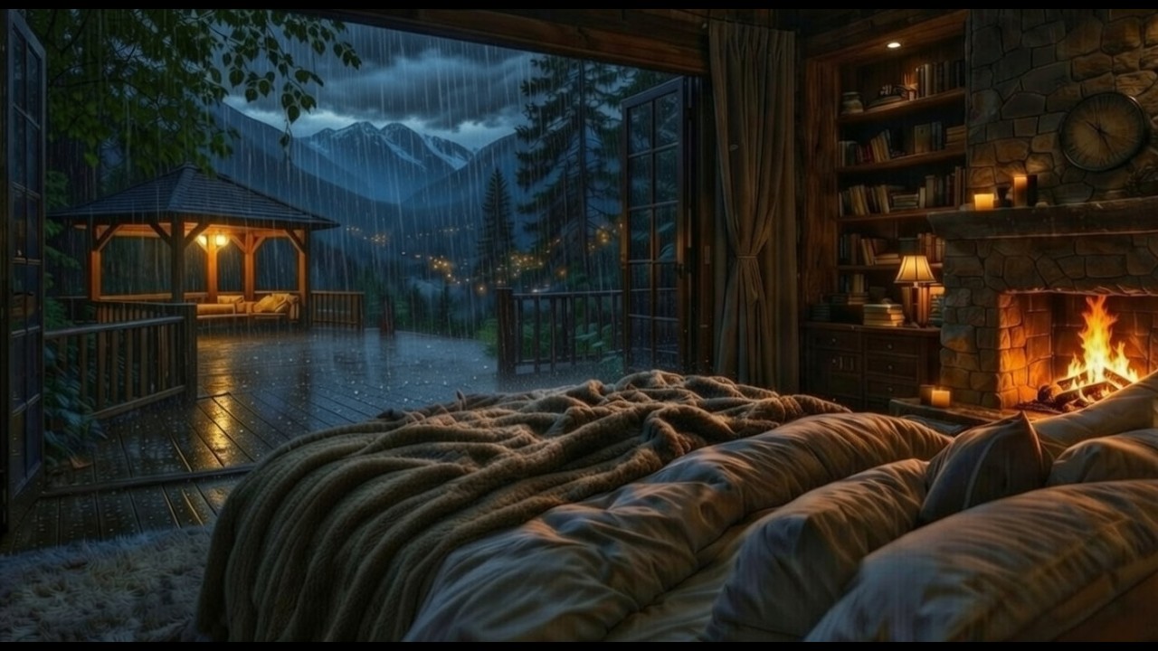 Rainy Night in a Cozy Cabin with Fireplace | Mountain View, Deep Sleep Ambience 🌙