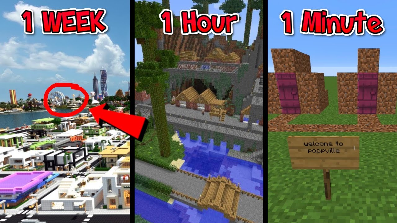 Building a Minecraft CITY in 1 Week vs. 1 Hour vs. 1 Minute - YouTube