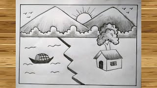 Scenery drawing for beginners | সহজে প্রাকৃতিক দৃশ্য আঁকা। সহজে দৃশ্য আঁকা।