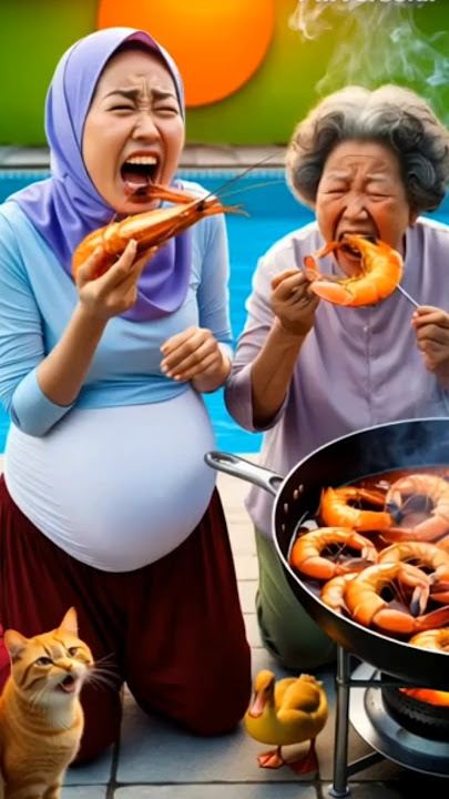 Pregnant Mother and Cute Grandma Jump Into Hot Swimming Pool Eating Shrimp There is a Cat Oyen an...