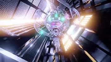 Patrol military drone flies through the corridor of the spacecraft. Sci-Fi futuristic space tunnel