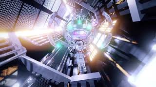 Patrol military drone flies through the corridor of the spacecraft. Sci-Fi futuristic space tunnel