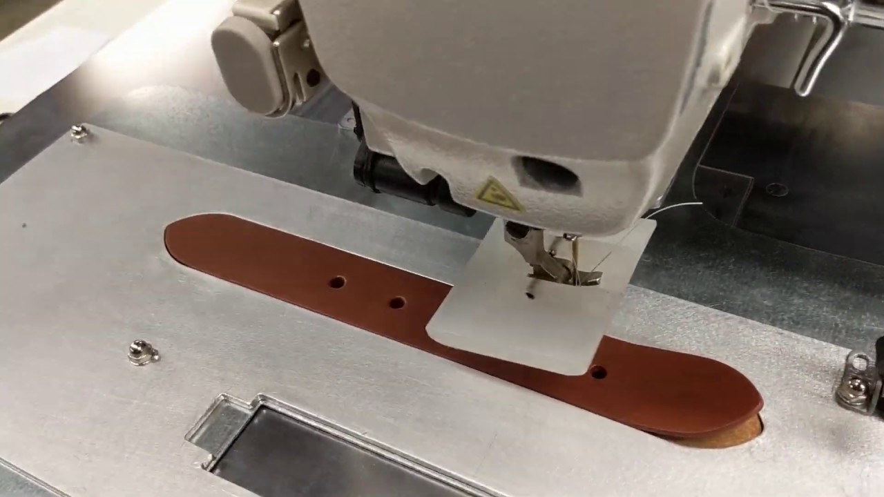 Juki AMS machine sewing leather belt tip and buckle end YouTube