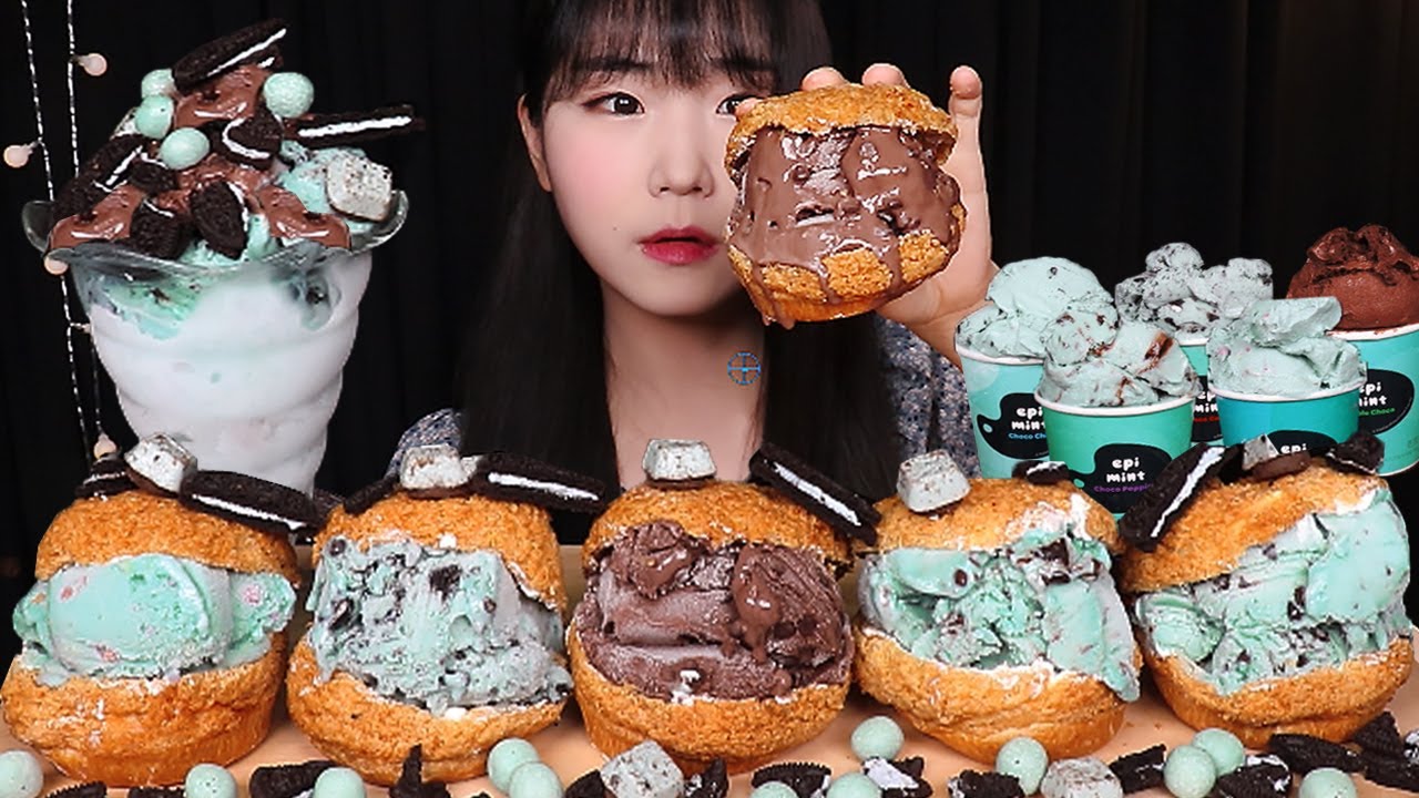민트초코 아이스크림 쿠키슈 먹방🌿🍫(초코쿠키 더블초코 초코칩 초코팝핑 레인보우멜츠) MINT CHOCOLATE ICE CREAM CHOUX MUKBANG ASMR ミントチョコ