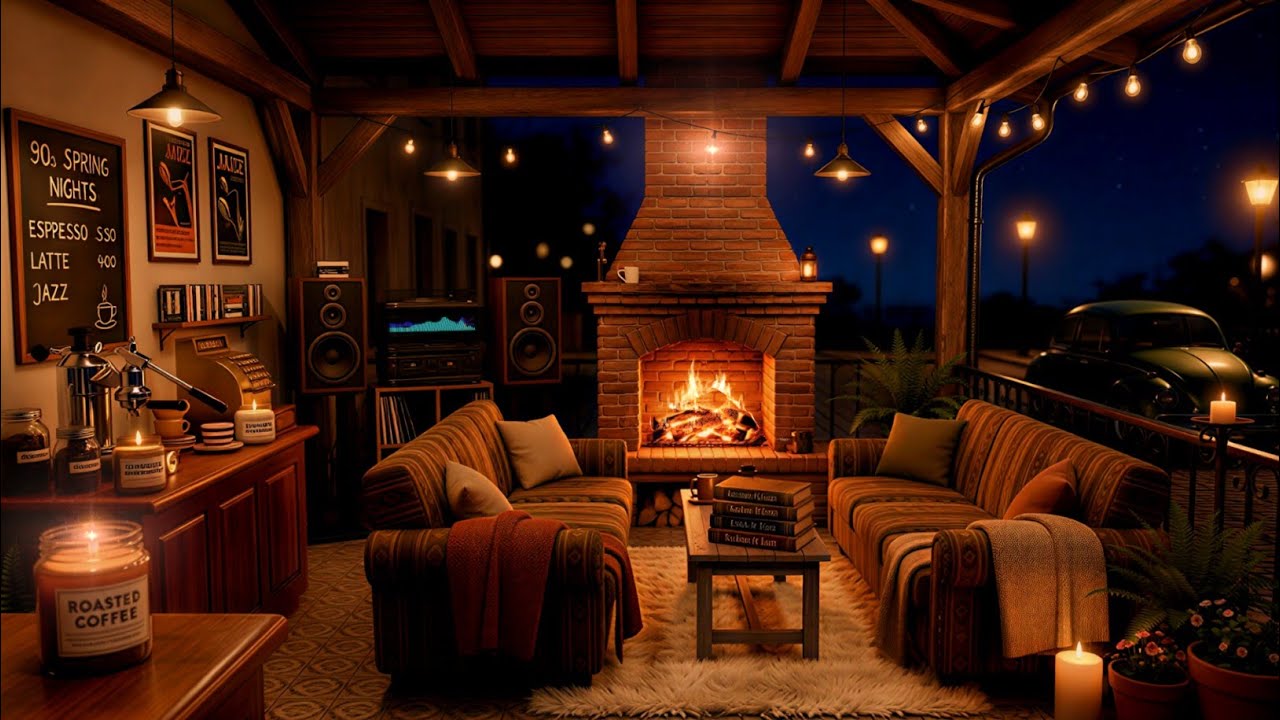 Soulful 90s Jazz & ASMR Fireplace 🔥 | Warm Spring Coffee Shop Ambience