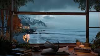 Cozy Rainy Mountain Study Room 🌧️ Peaceful Ocean & Thunder Sounds for Focus, Study, Relaxation