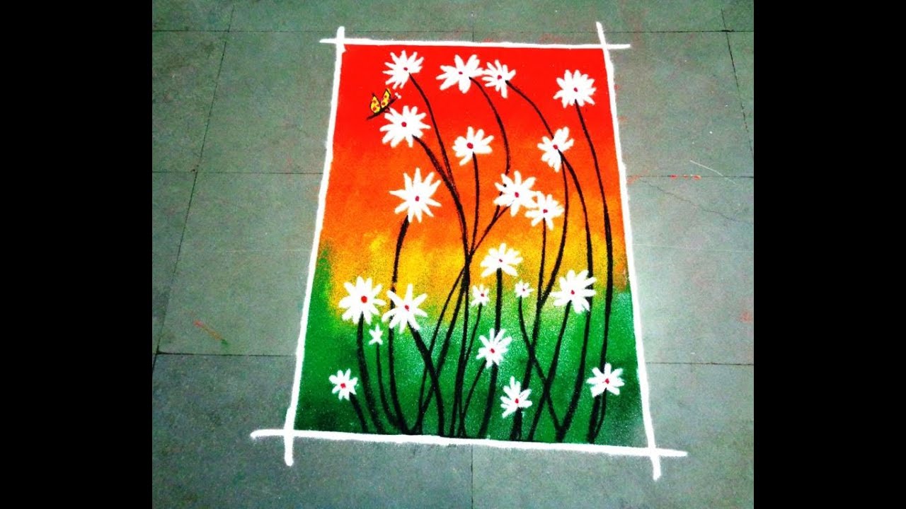 how to make beautiful flowers poster rangoli design - YouTube