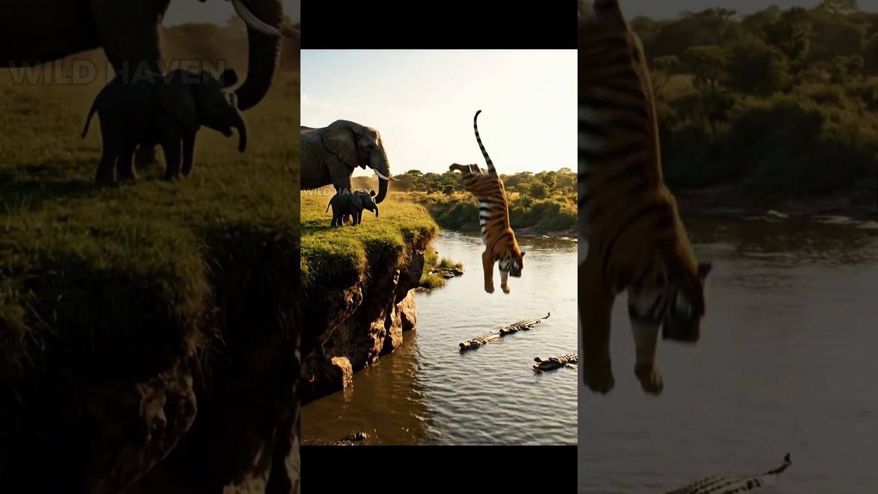 Mother Elephant’s Revenge — Tiger Thrown Into a Crocodile River! 
