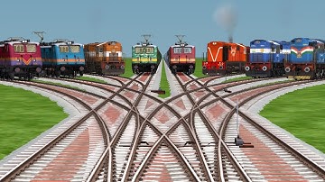 8 Indian Trains Back to Back Crossing On Bumpy Forked Railroad Tracks | train sim world 4 |