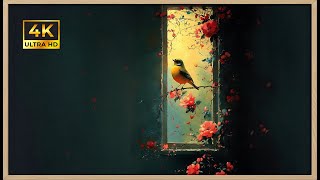 Golden Bird at Rose Window | Gold Framed 4K Art Screensaver | Dreamy Romantic Nature TV Wallpaper screenshot 2