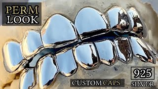 Real Solid 925 Sterling Silver Custom Caps Perm Look Style  Custom Grillz 8 Top 6 Bottom Teeth