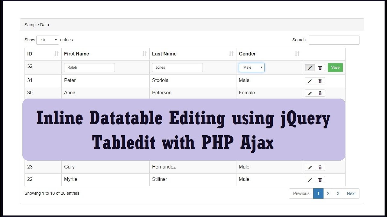 datatable jquery ตัวอย่าง  Update New  Inline Datatable Editing using jQuery Tabledit with PHP Ajax