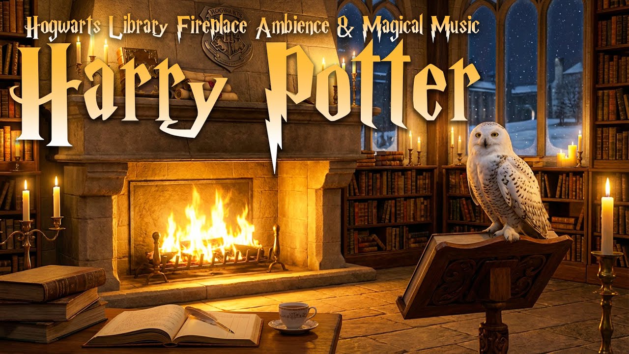 Harry Potter Library Fireplace Ambience 🔥 Quiet Winter Evening | Magical Wizard Music