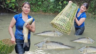 The girl went to pick vegetables and met a school of fish in a puddle and caught a lot of fish.