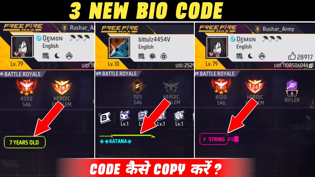3 New Bio Code 😯 Free Fire | Katana Bio Code | Sting Bio Code | 7 Years Old Bio Code 😯 Free Fire