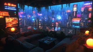 🎵 Chill Cybernetic Terrace: Rain and Ambient Music | Cyberpunk Room over the City