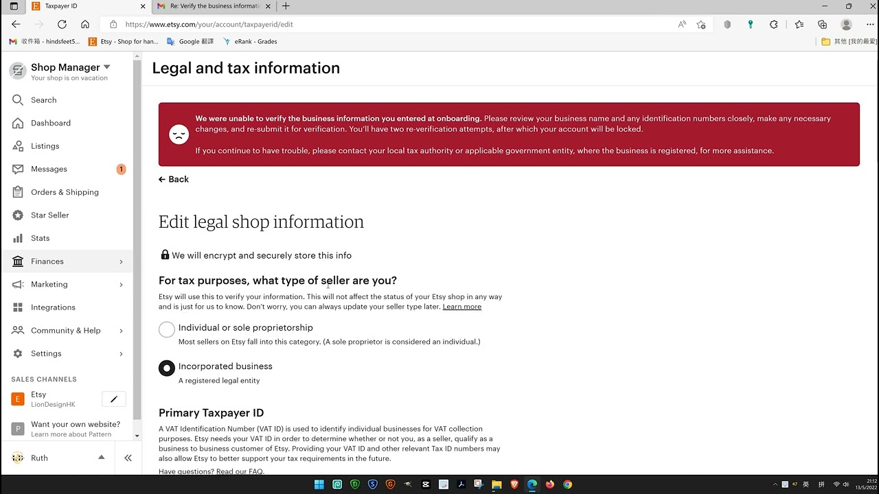 Verify the business information (ETSY)