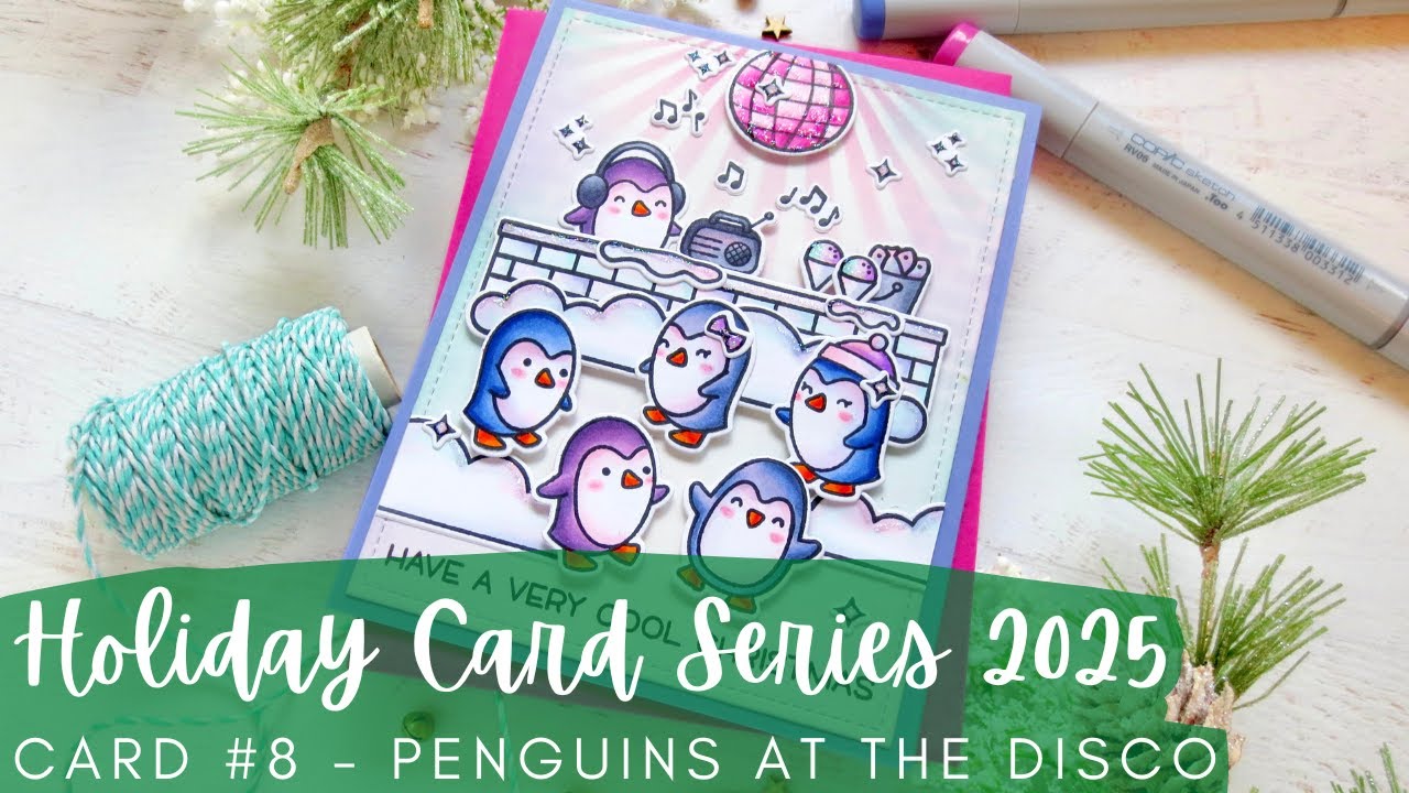 Серия праздничных открыток 2025 г. № 8 | Луговой оленёнок | Copic: раскраска сцены с пингвинами н...