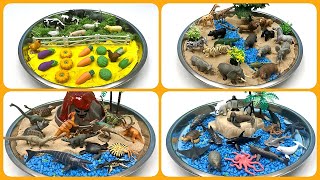 4 Small World In Silver Tray | Farm Safari Ocean Sea Dinosaur Animals