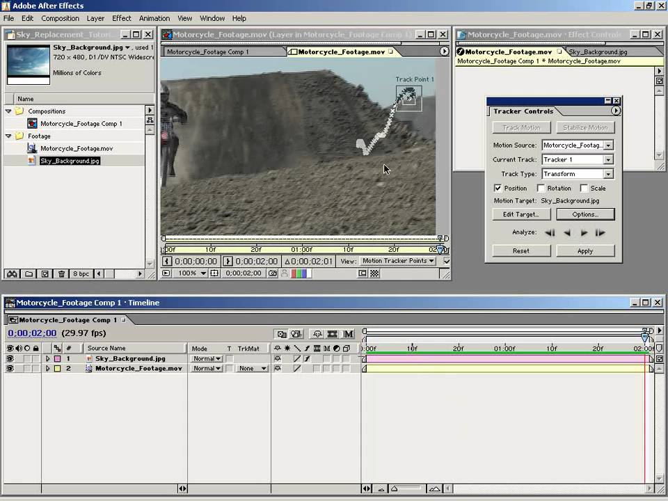 Adobe Sky. After Effects Edit target. Motion view. Track control