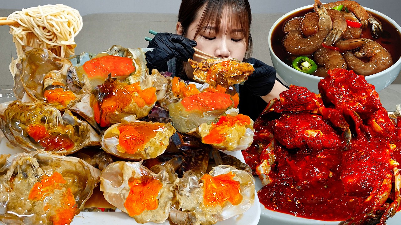 Sub)Real Mukbang- Острый маринованный краб, краб в соевом соусе 🦀 Лапша🍜 креветки🦐 ASMR KOREANFOOD