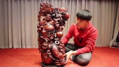 Tượng gỗ Di lặc ngũ phúc vác cành đào đứng nghê gỗ trắc đỏ đen | xưởng_tượng_gỗ