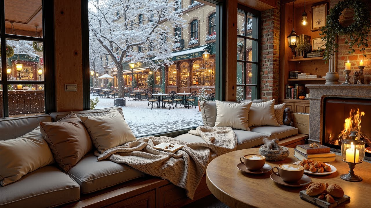 Tranquil Winter Jazz by the Window ❄️ Cozy Coffee Shop & Fireplace Glow for Deep Relaxation