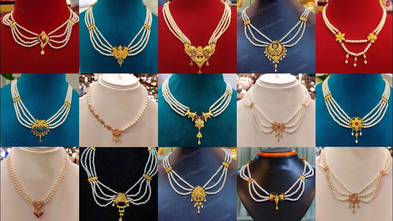 Pearl jewellery design with weight and price/Latest 22k gold pearl choker necklace designs