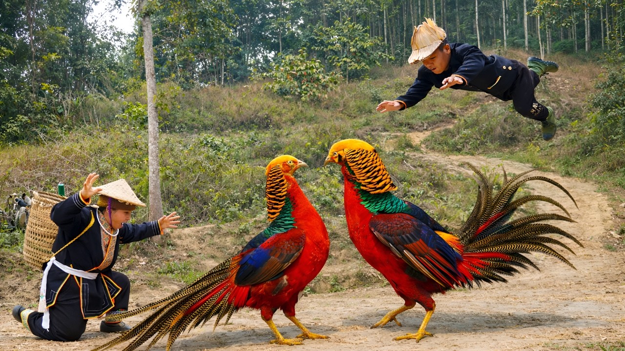 The dwarf family goes into the forest to catch pheasant and gather wild berries - Primitive survival