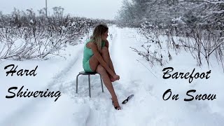 Very Hard Shivering Girl, Girl Shivering in Underware, Barefoot on Snow, Goosebumps Skin (# 1179)