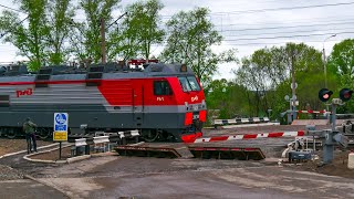 RailWay crossing. E-locomotive & container train. Two Diesel Loco / Поезда на жд переезде. Хабаровск