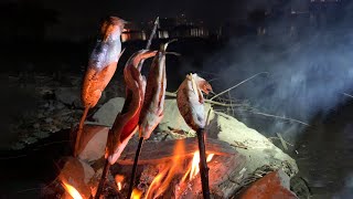 Grilling fish I caught over the fire I made FROM SCRATCH *emotional*【ENG SUB】