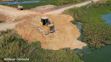 Finally, Powerful Dozer Shantui Working Push Soil Into Water Quick To Create A Garden And High-Rise.