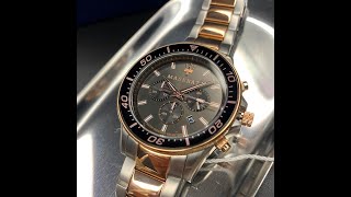 星晴錶業-MASERATI瑪莎拉蒂男錶,編號R8873640002,44mm玫瑰金, 古銅色圓形精鋼錶殼,古銅色三眼, 運動, 可旋轉錶面,金銀相間精鋼錶帶款,匠心之作!, 達人珍藏!