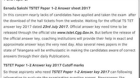 Eenadu Sakshi TSTET Paper 1 2 Answer key 2017 TS TET Answer Sheet Exp Cutoff marks