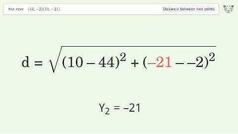 Find the distance between two points p1 (44,-2) and p2 (10,-21): Step-by-Step Video Solution
