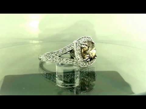 3.27 Carat Champagne Diamond Halo Engagement Ring, Platinum Unique Vintage Style Hand Engraved Certified Handmade