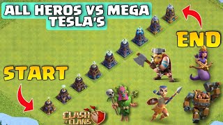 All Hero's Vs 9 Mega Tesla's...clash Of Clans