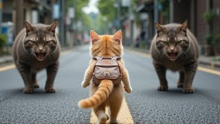 Poor Ginger Kitten was going to school, bullied by the mean cats his Puppy Brother rescued him